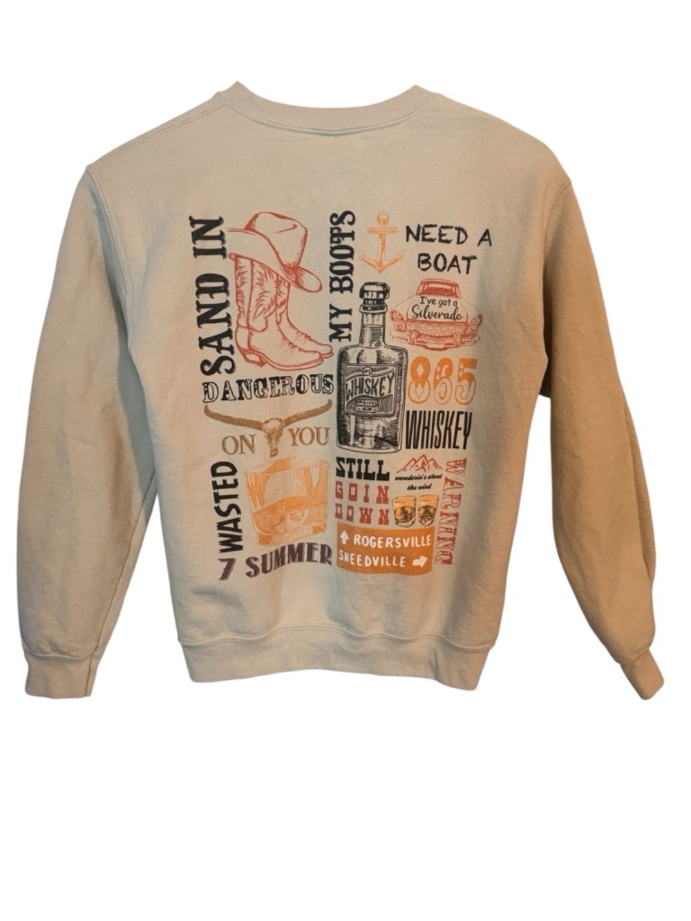 Morgan Wallen Graphic Sweater Western Country Whiskey Boots Beige Crewneck Small - Picture 3 of 6